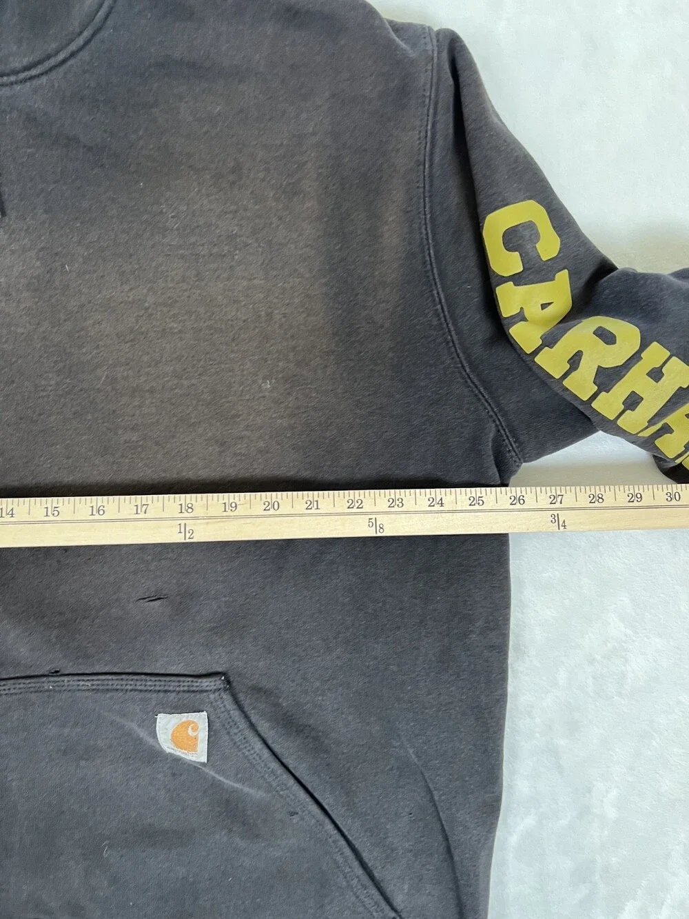 Carhartt Hoodie Sweatshirt Mens XL Black Spell Out Arm Sun Faded Thrashed